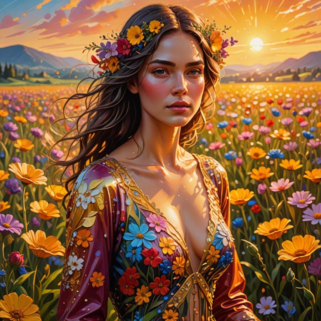 Vibrant Oil Painting of Woman in Flower Field at Golden Hour