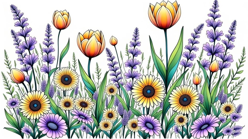 Vibrant Orange Tulips and Sunflowers in Ethereal Digital Art...