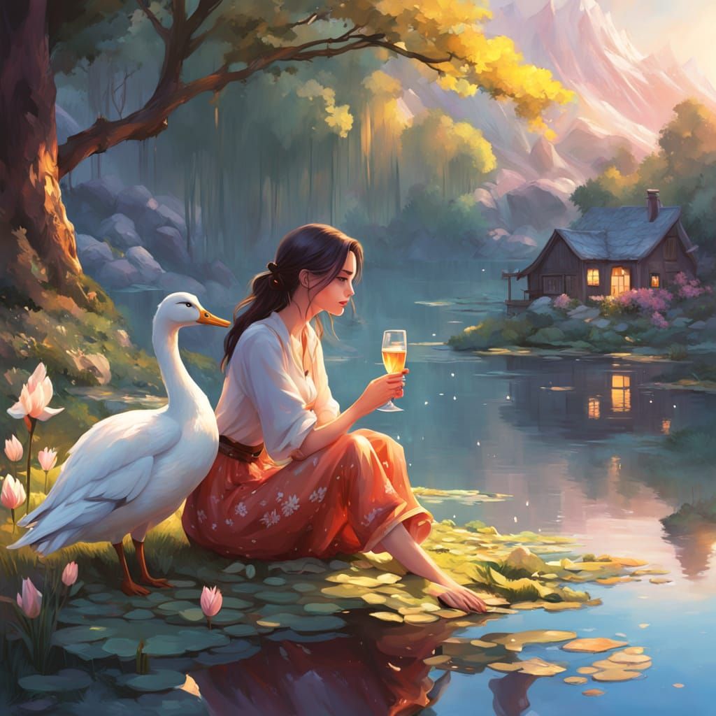 Whimsical Disney-Inspired Goose Scene in Cottagecore Setting