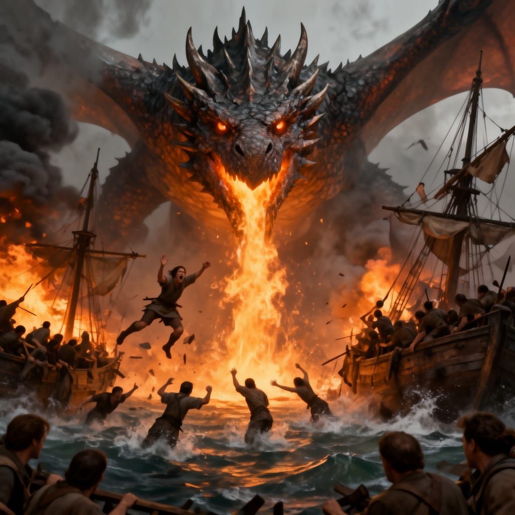 Fearsome Dragon Attacks Naval Fleet in Epic Fantasy Battle