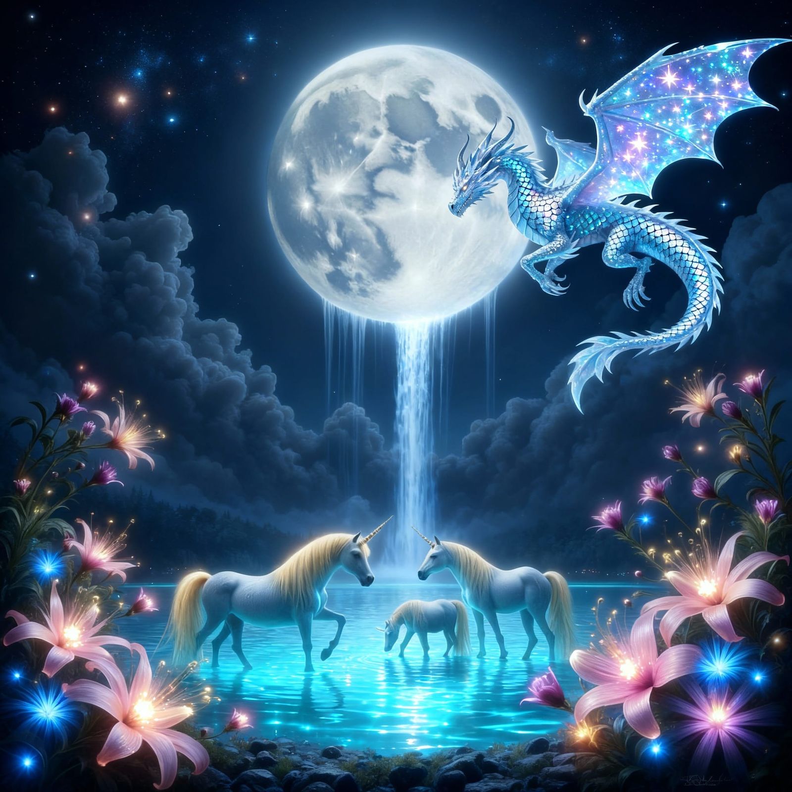 Majestic Ice Dragon Over Moonlit Waterfall and Luminous Lake