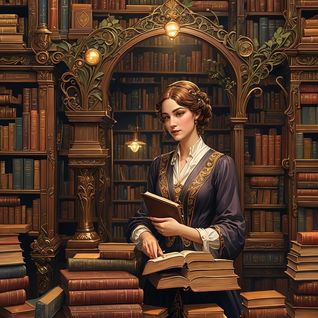 Art Nouveau Librarian Game Box Illustration