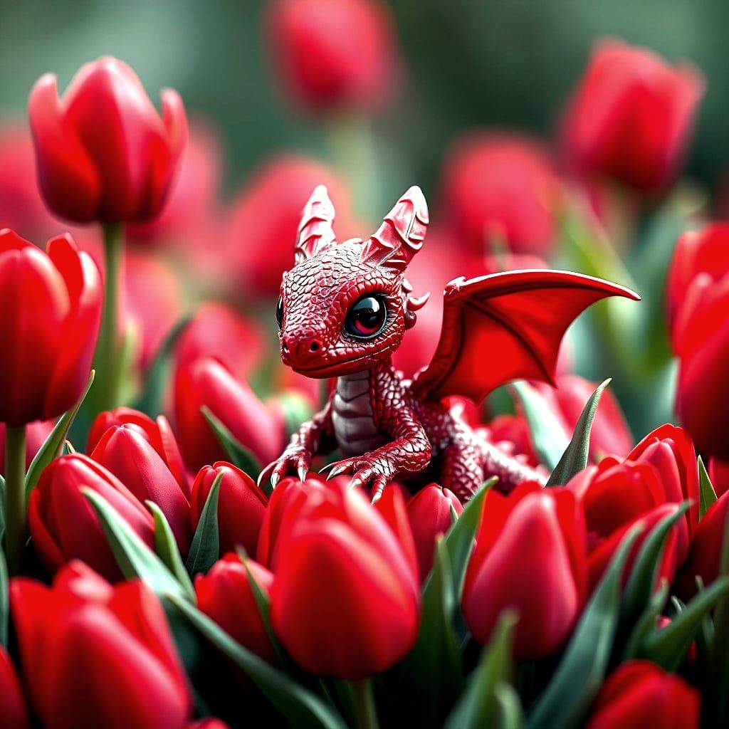 Mini Ruby Dragon in Tulips: Fantasy Concept Art