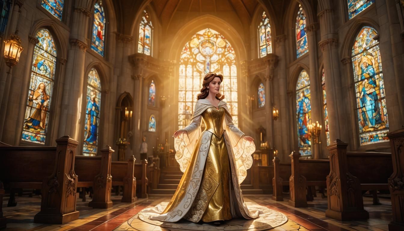 Belle as Preacher in Ornate Church, 3D Render