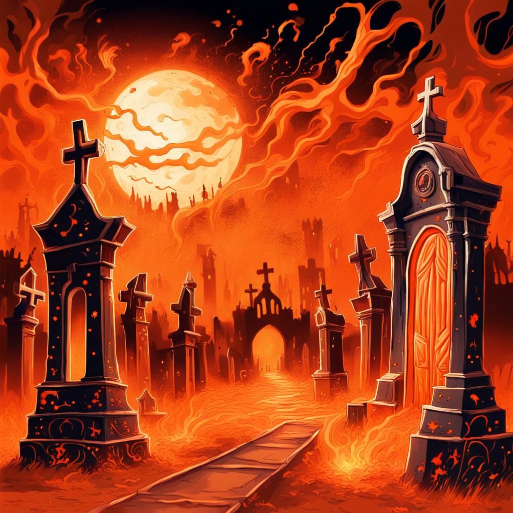 Fiery Orange Graveyard in Graffiti Art Style