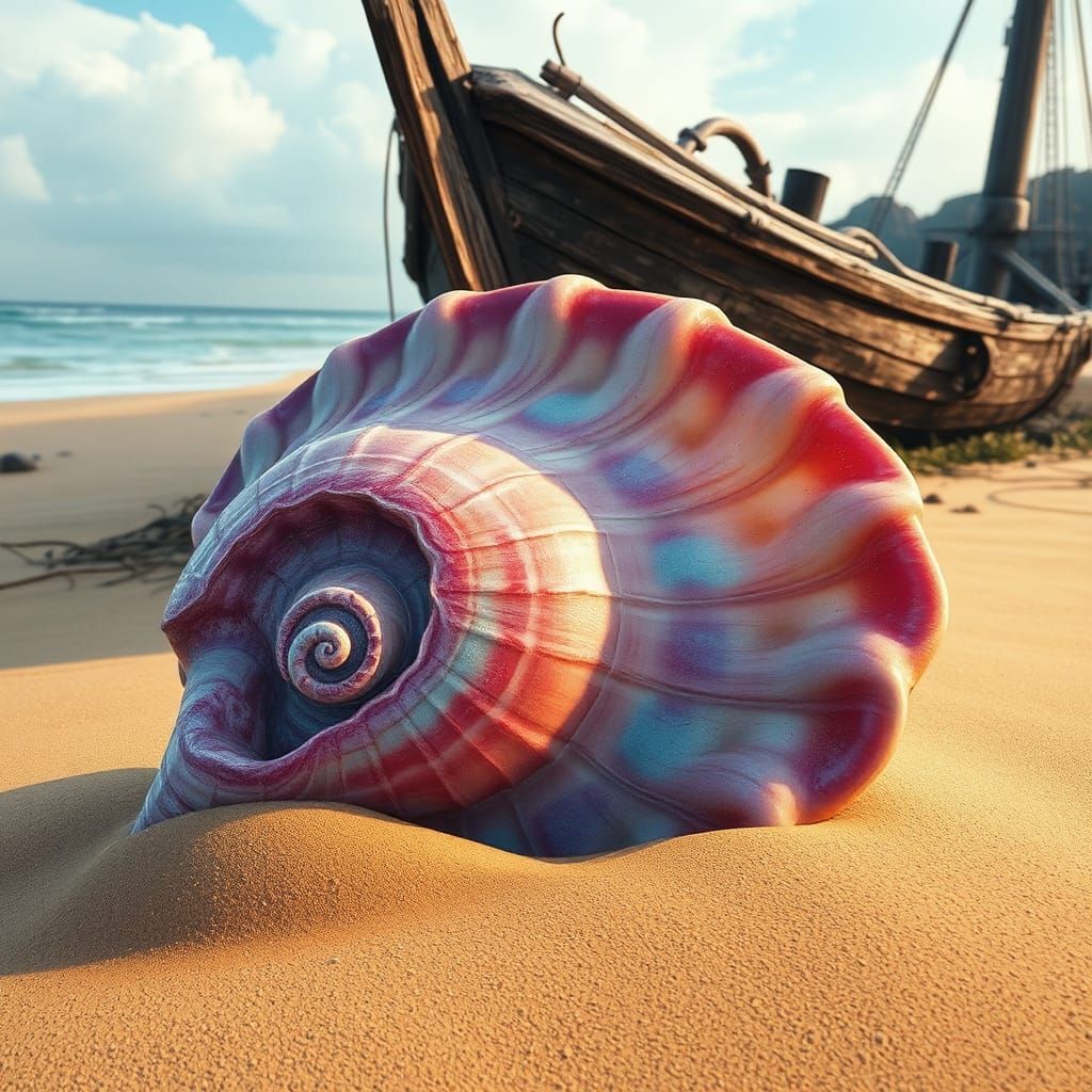 Iridescent Seashell on Mystical Beach: Digital Art