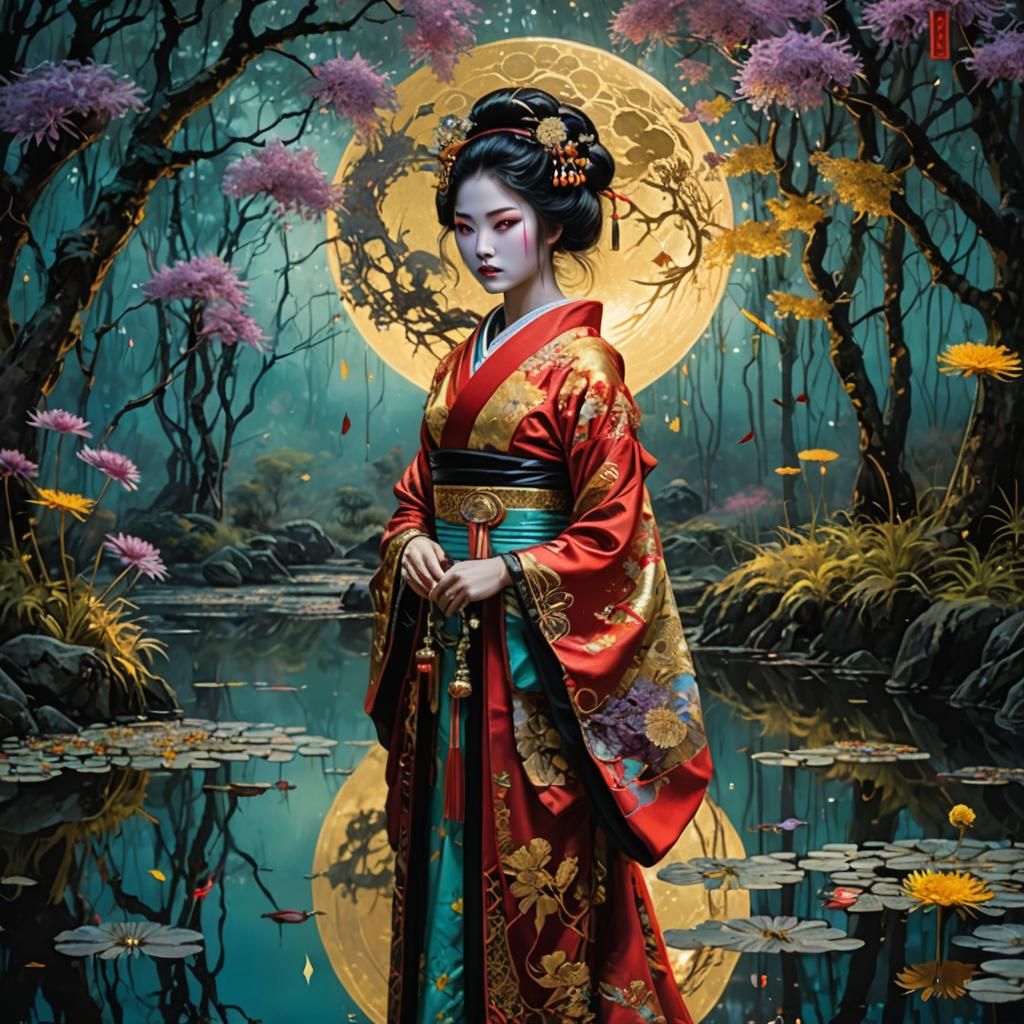 Ornate japanese Geisha and Moon goddess in red yellow lavend...