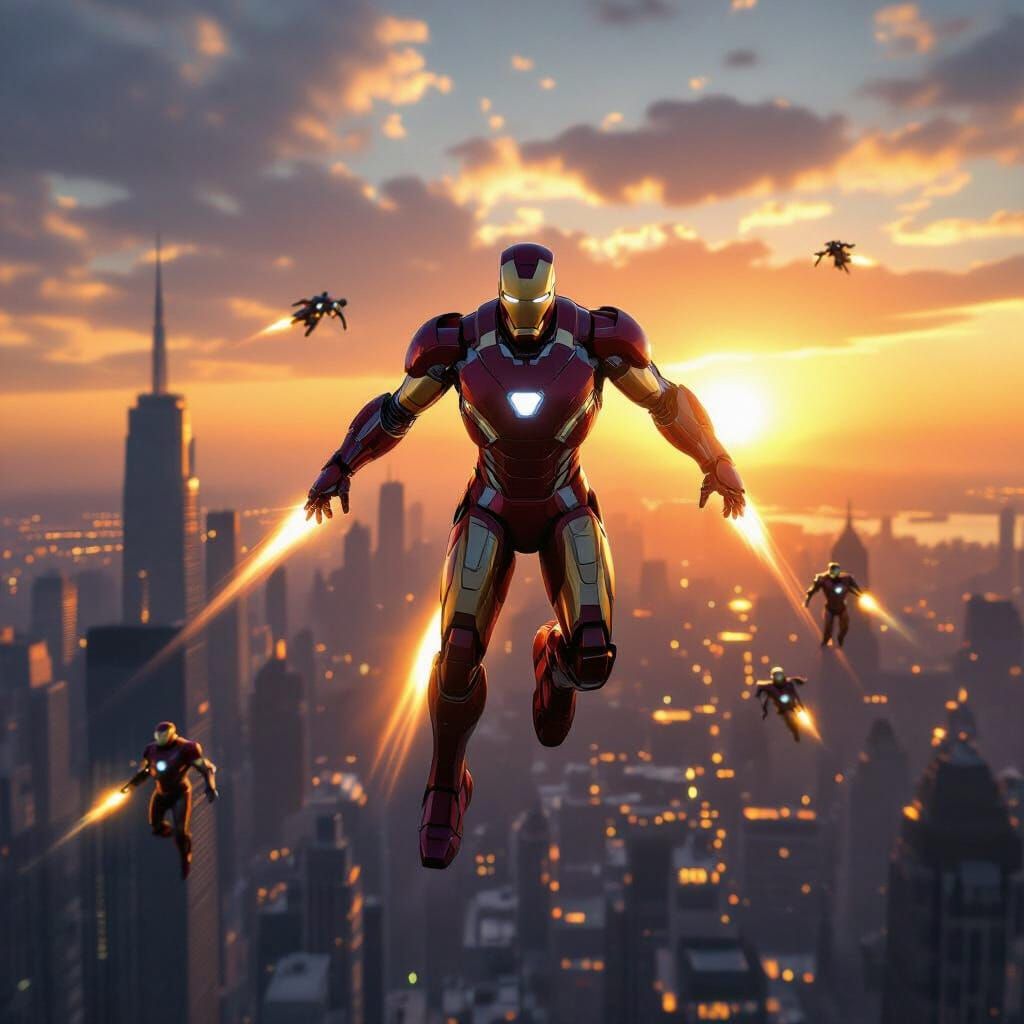 Iron Man Suits Battle Above Metropolis at Sunset