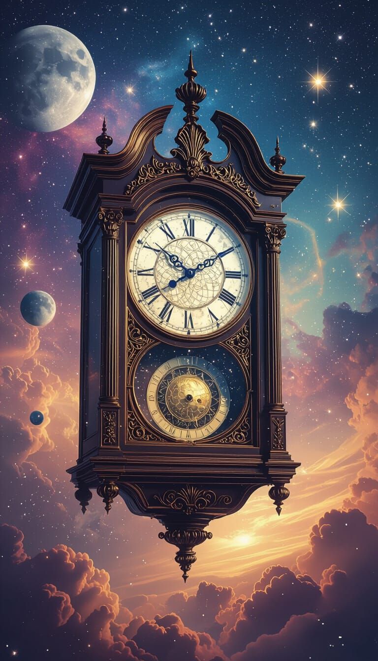 A surreal dreamscape where a giant, ornate grandfather clock