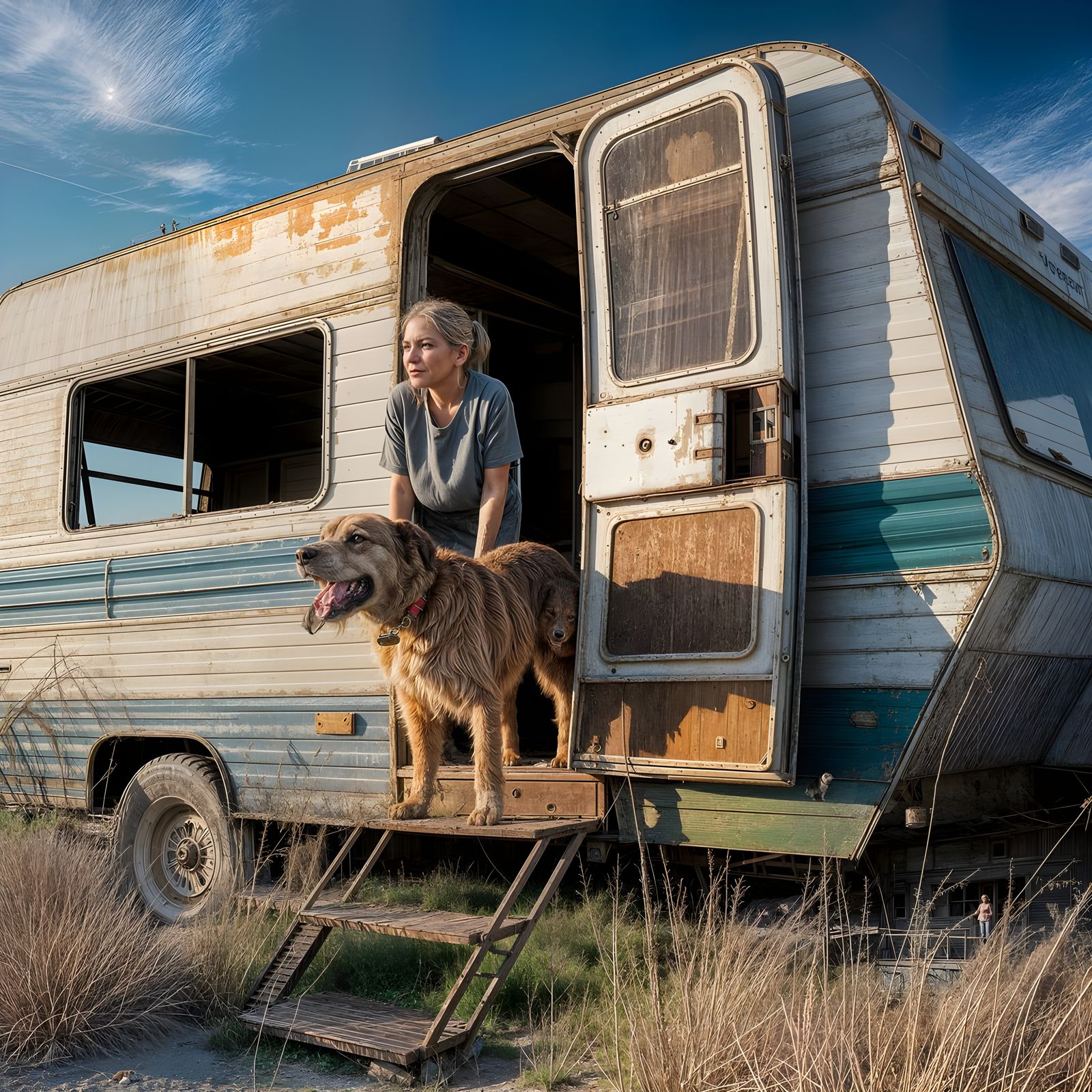 Abandoned RV With Dog and Old Woman