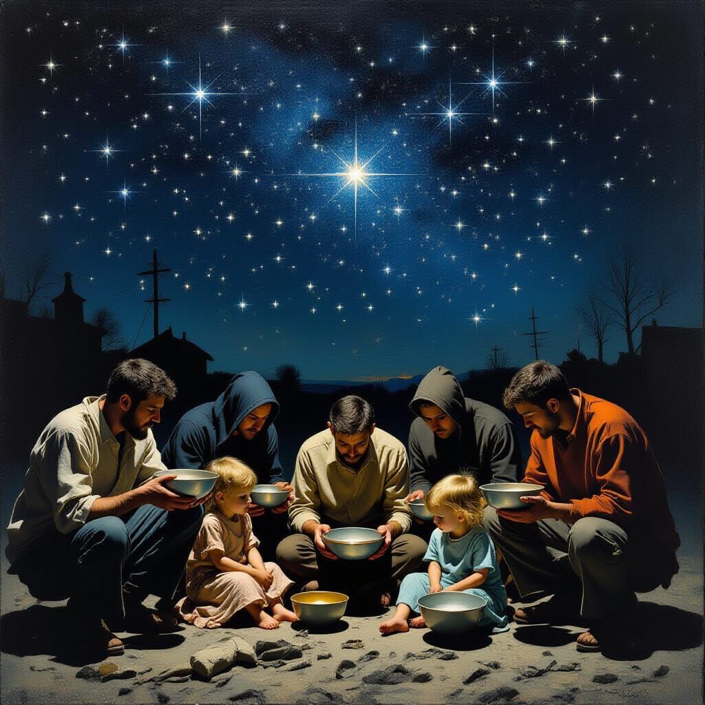 Desolate Figures Seek Hope Under Starry Night Sky