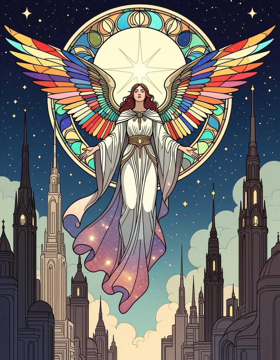 Celestial Being Above Futuristic Gothic City