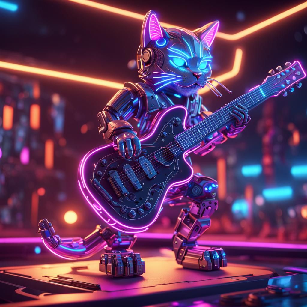 Neon Cat Plays Guitar in Cyberpunk Style