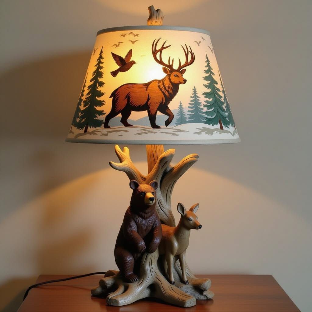 Driftwood Cabin Lamp with Folk Art Bear and Deer Shade