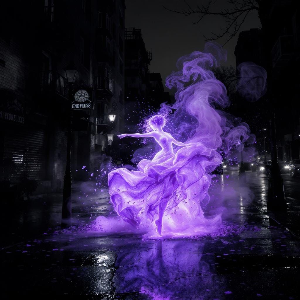 Surreal Grayscale Cityscape with Lilac Mist Dancer