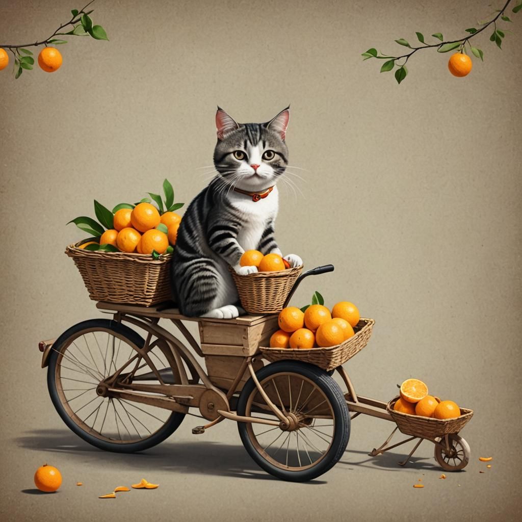 Cartoon Cat's Wheelbarrow Ride with Oranges