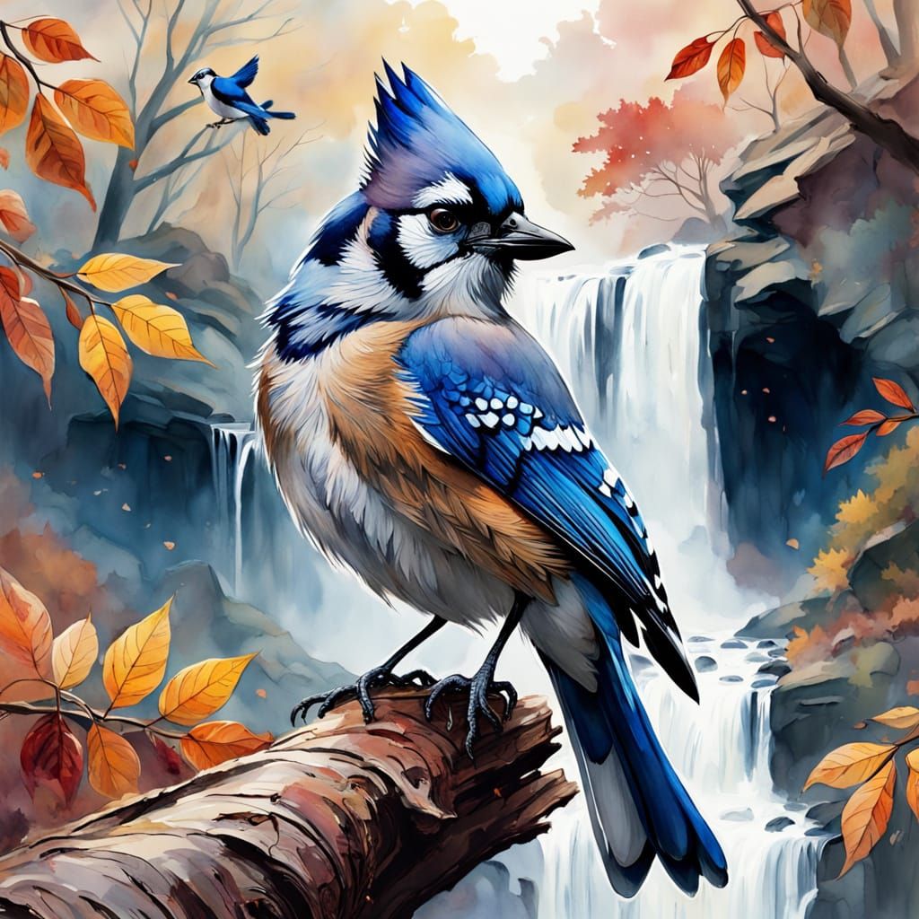 Blue Jay in Autumnal Blue Ridge Mountains: Watercolour Art