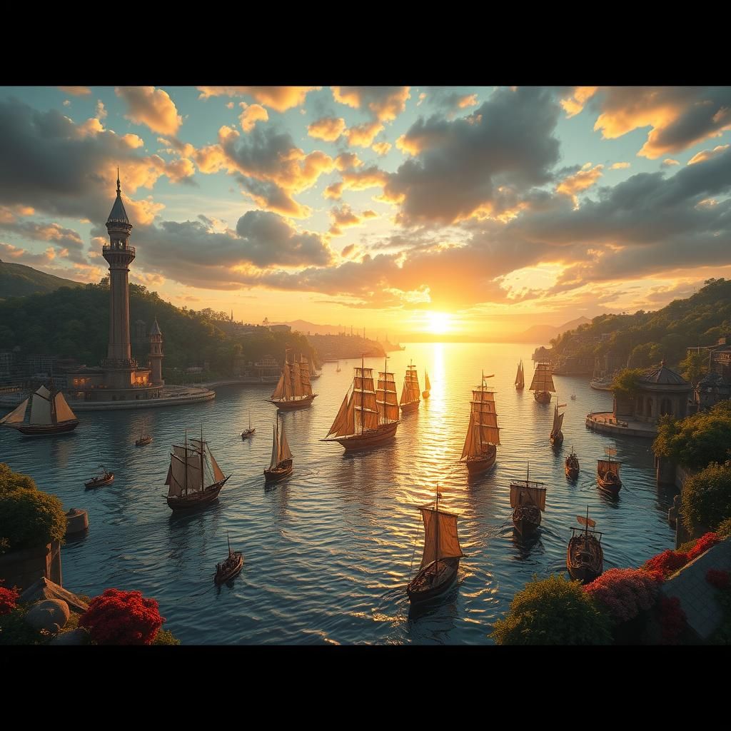 Enchanting Fantasy Harbour at Sunset