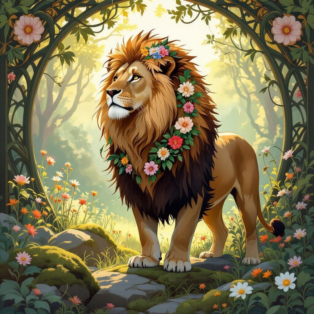 Lion with Art Nouveau Floral Mane in Sunlit Clearing