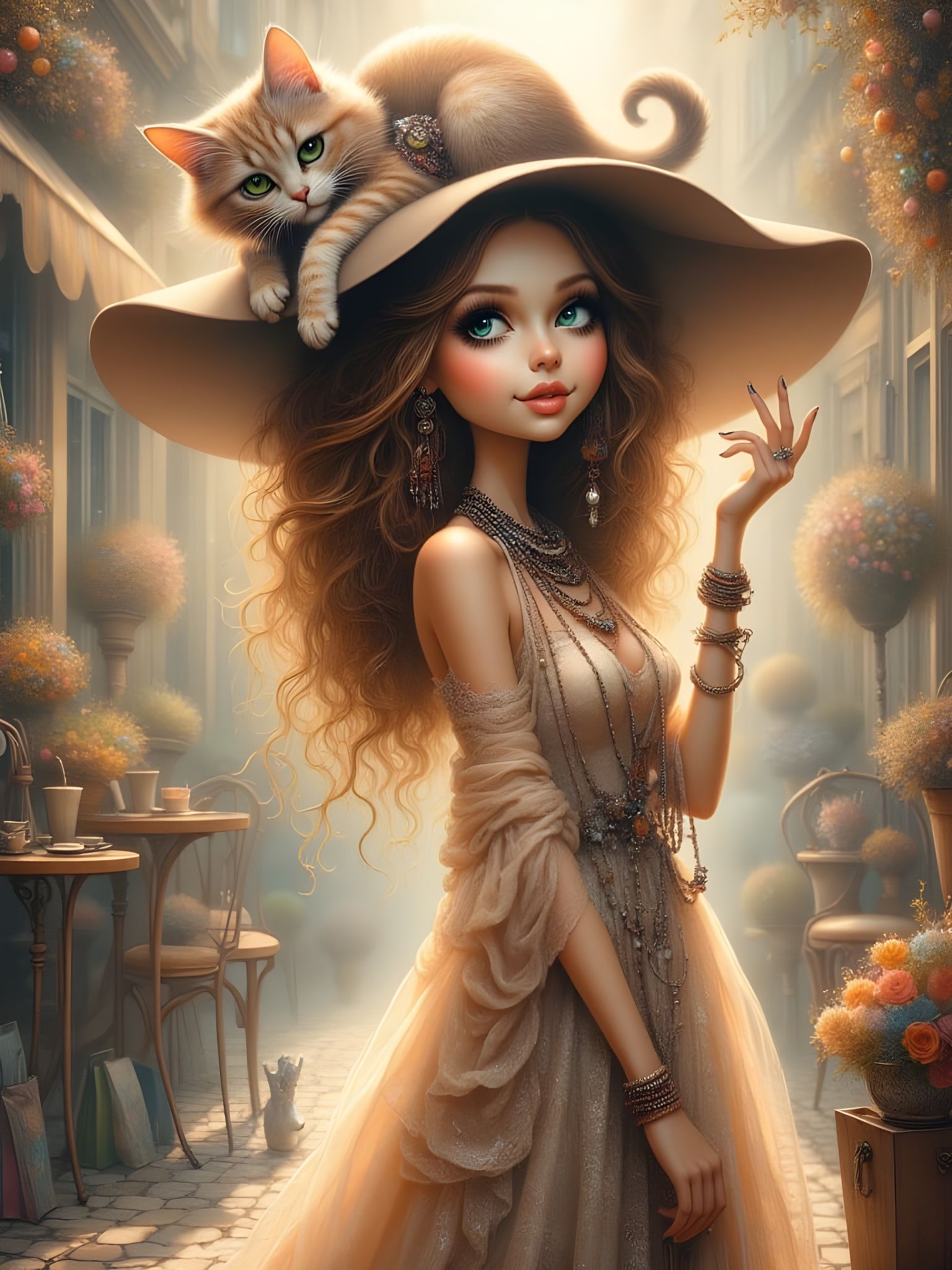 Ethereal Woman in Lace Gown with Cat Hat