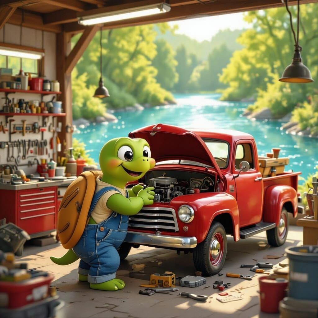 Cute Turtle Mechanic Fixing Truck by River