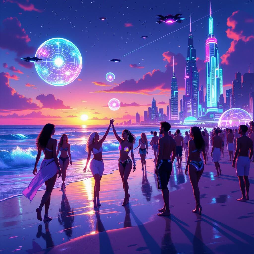 Futuristic Beach Party at Sunset with Neon Lights