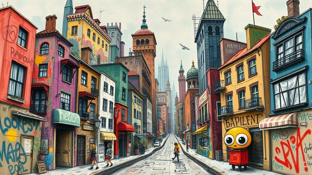 Whimsical Cityscape with Cardboard Graffiti Art