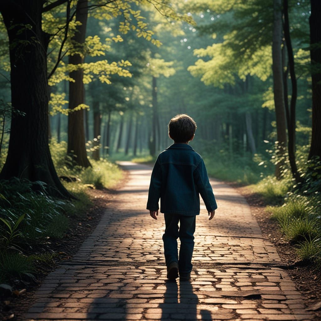 Young Boy Walks Along Winding Brick Road