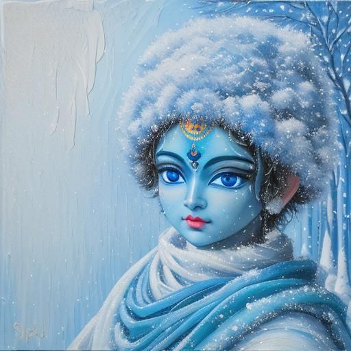 Baby Krishna in Snow Town: Expressionist Oil Painting