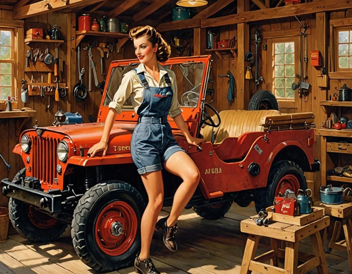Vintage Pin-Up Woman Working on Jeep