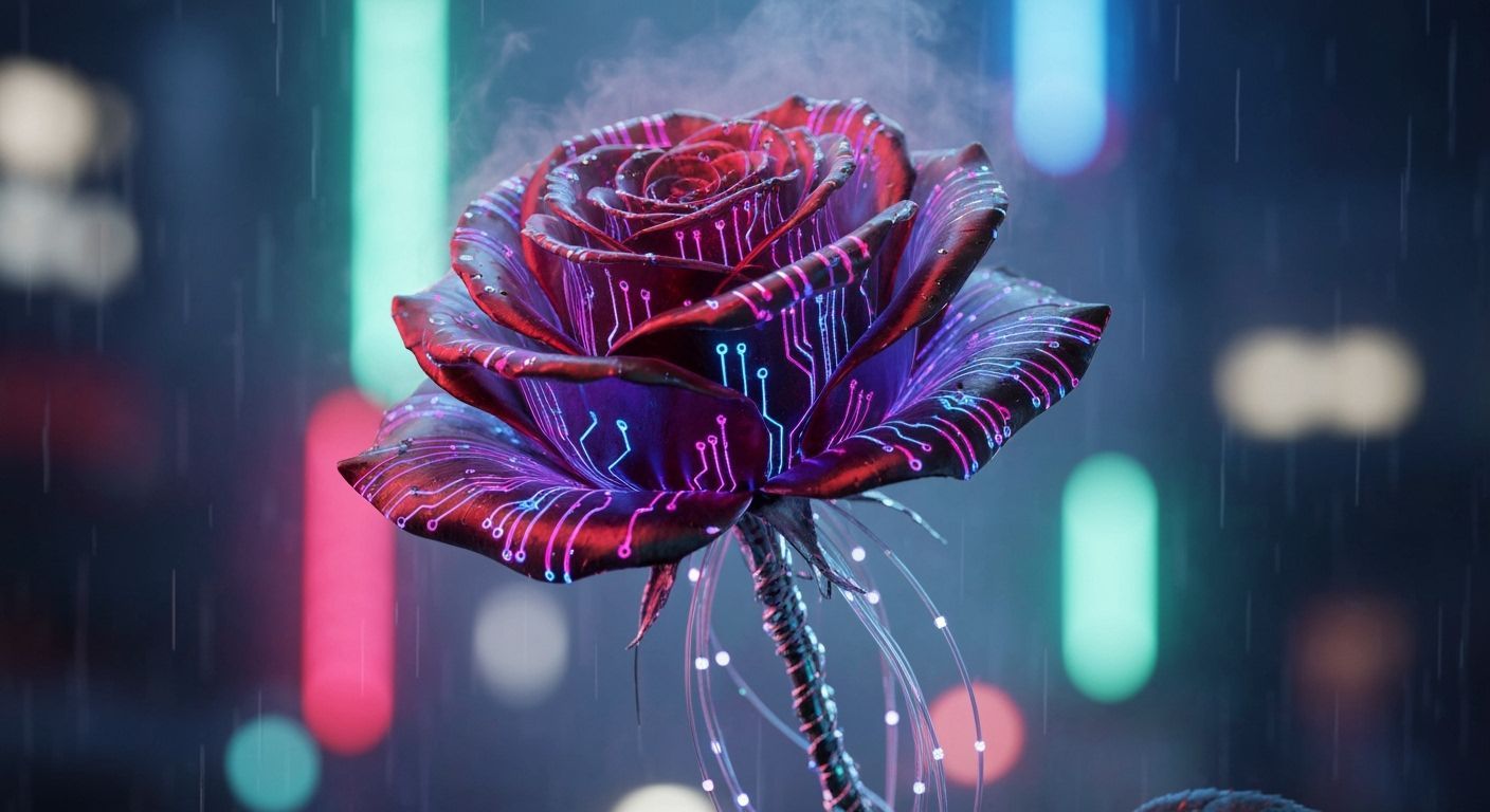 Cyberpunk Rose Blooming in Neon Twilight