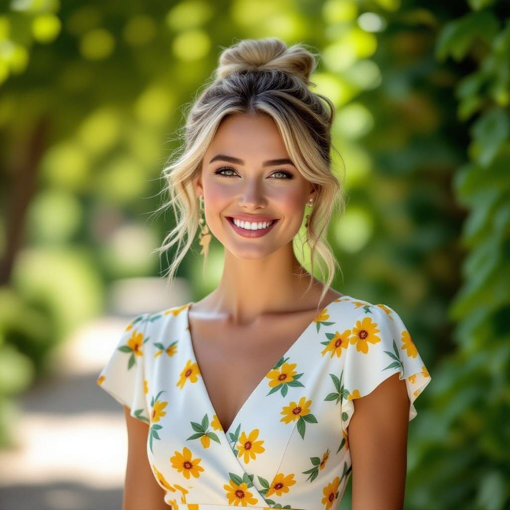 European Woman in Sunlit Garden, Impressionistic Style