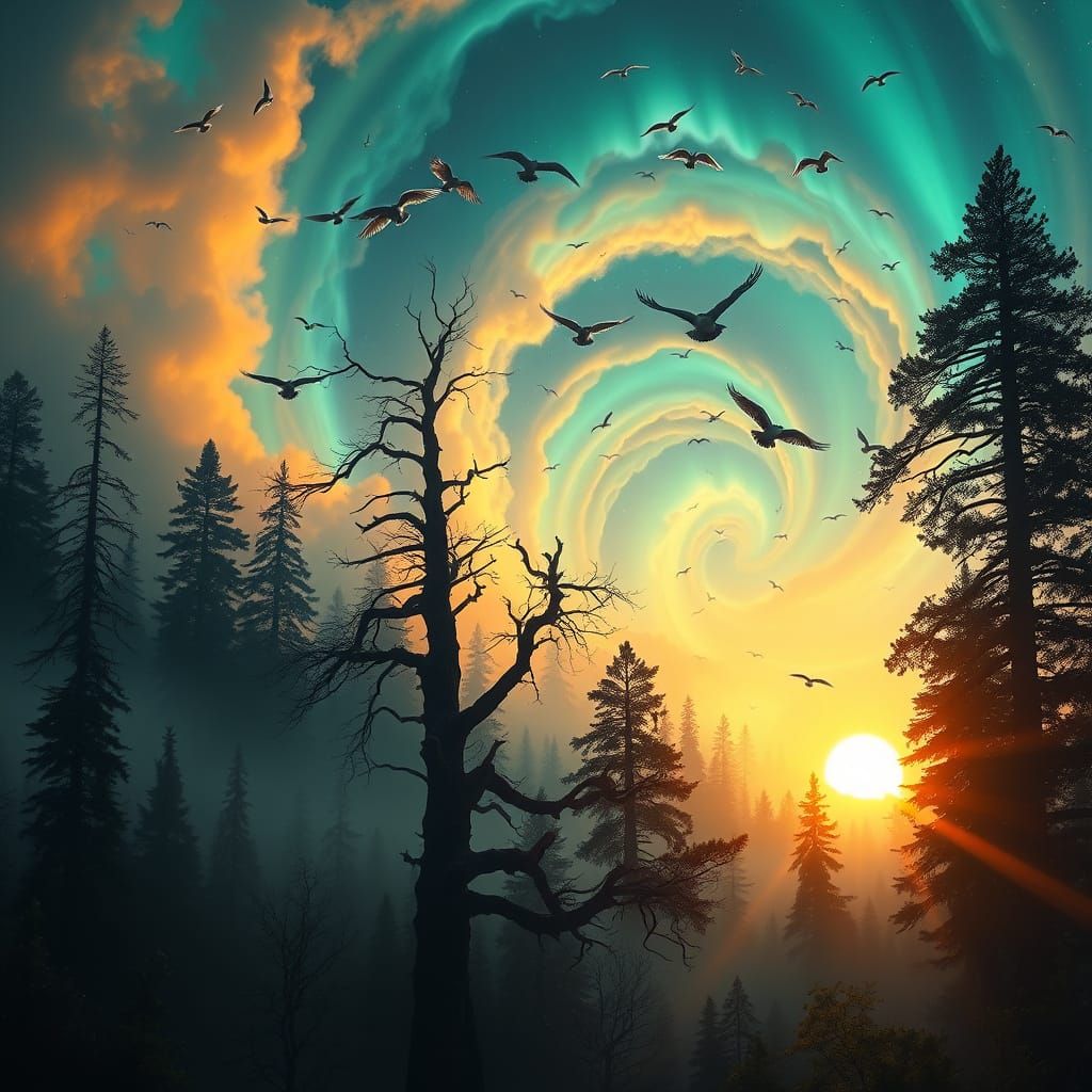 Majestic Luminescent Forest at Golden Sunset