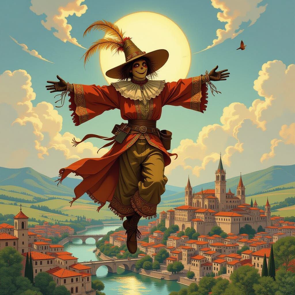 Scarecrow Soaring Above Medieval City, Art Nouveau Style