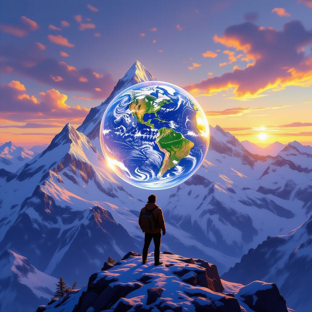 Man Gazes at Earth Bubble on Mountain Top