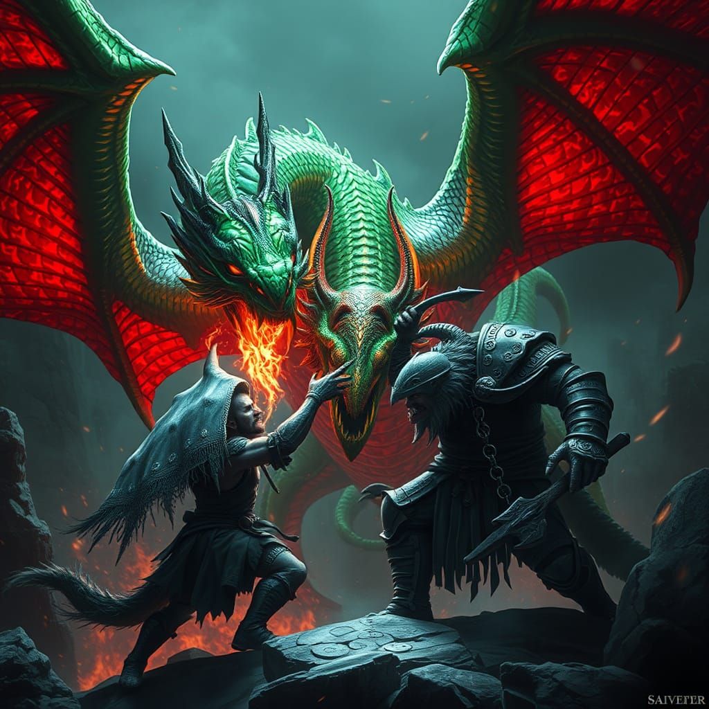 Wyvern and Dwarf Battle in Dark Fantasy Style
