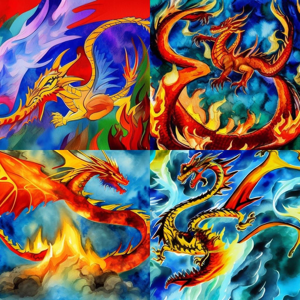 Dragon in Flames: Gouache and Watercolor Masterpiece