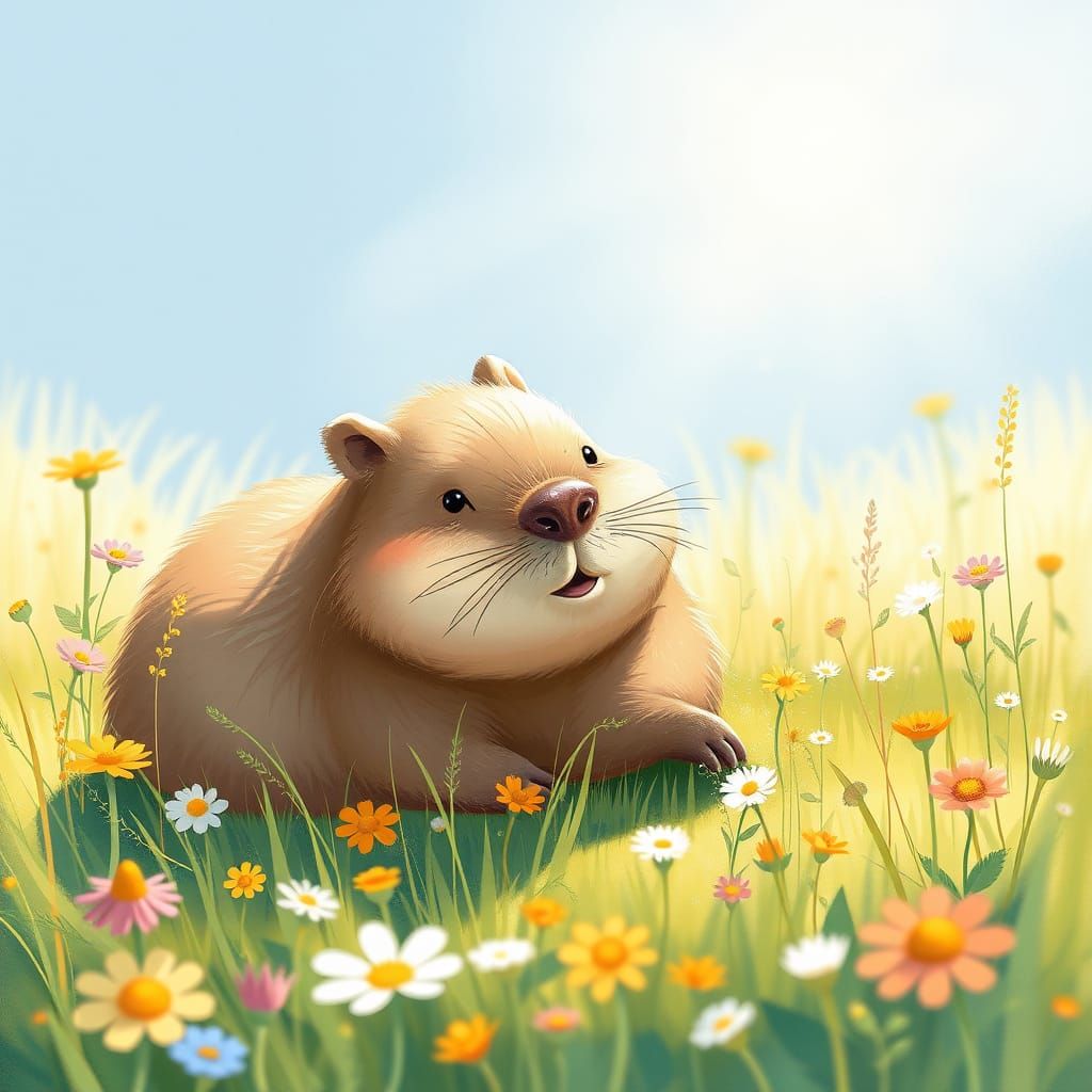 Whimsical Watercolor Capybara in a Sunlit Meadow