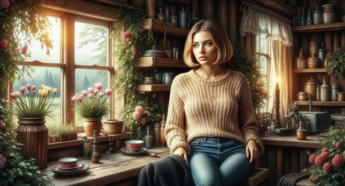 Sad Blonde Woman in Cabin Window Illustration