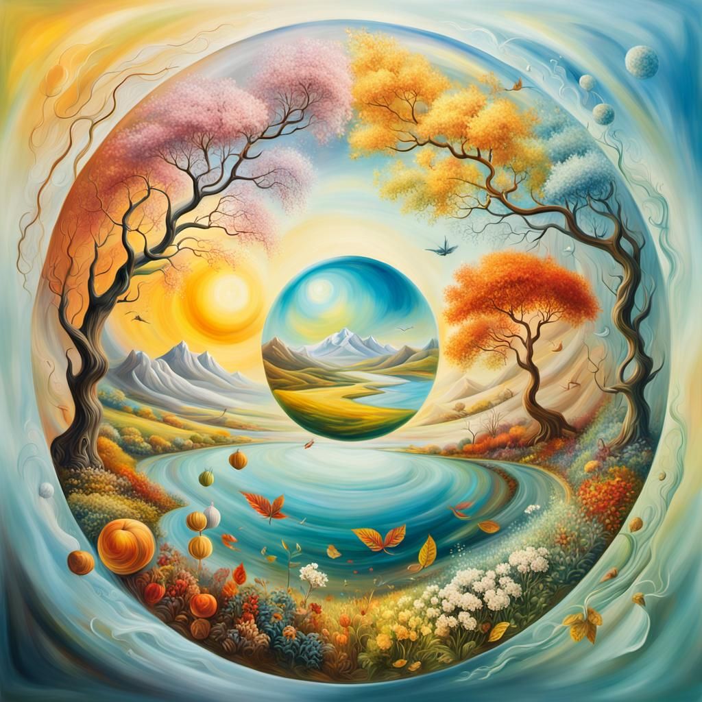 Seasons in a Transparent Ball: Surreal Oil Painting