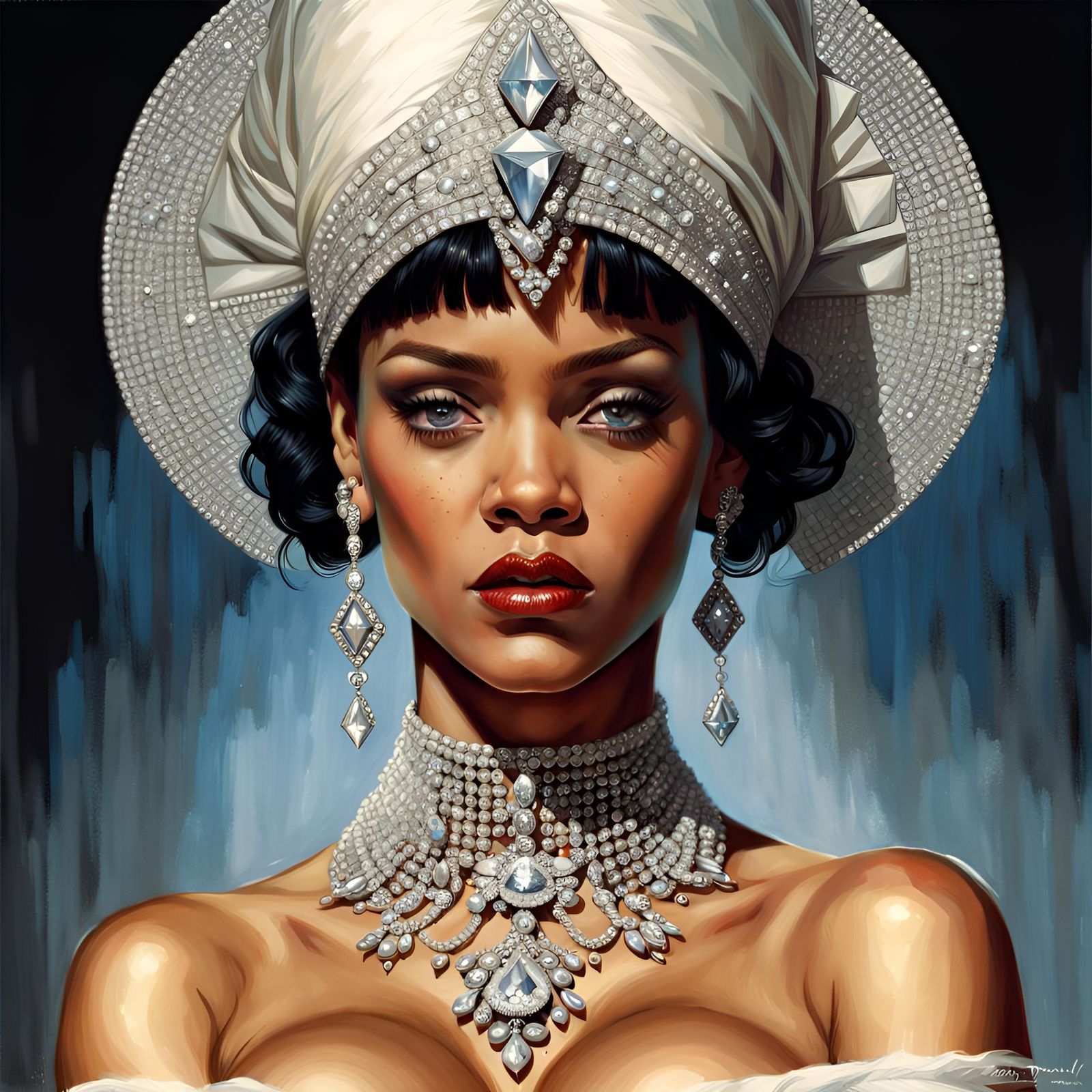 Diamond-Adorned Portrait in Hyperrealistic Pin-Up Style