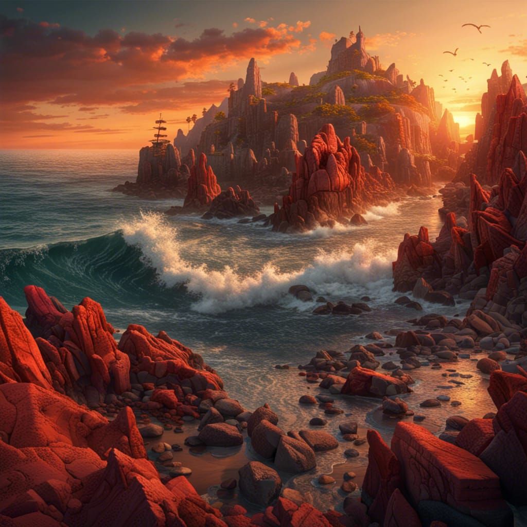 Rocky Coast Sunset: Detailed Matte Painting
