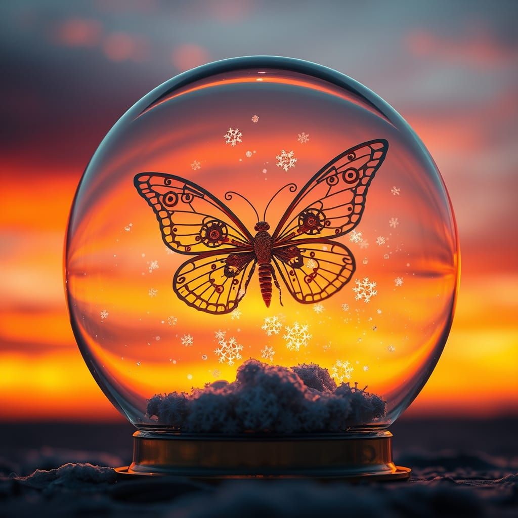Mechanical Butterfly in Crystal Snow Globe at Sunset