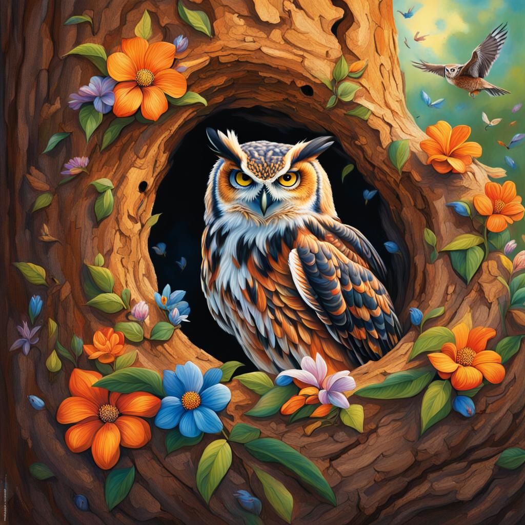 Hyperrealistic Hickory Tree with Owl and Birds