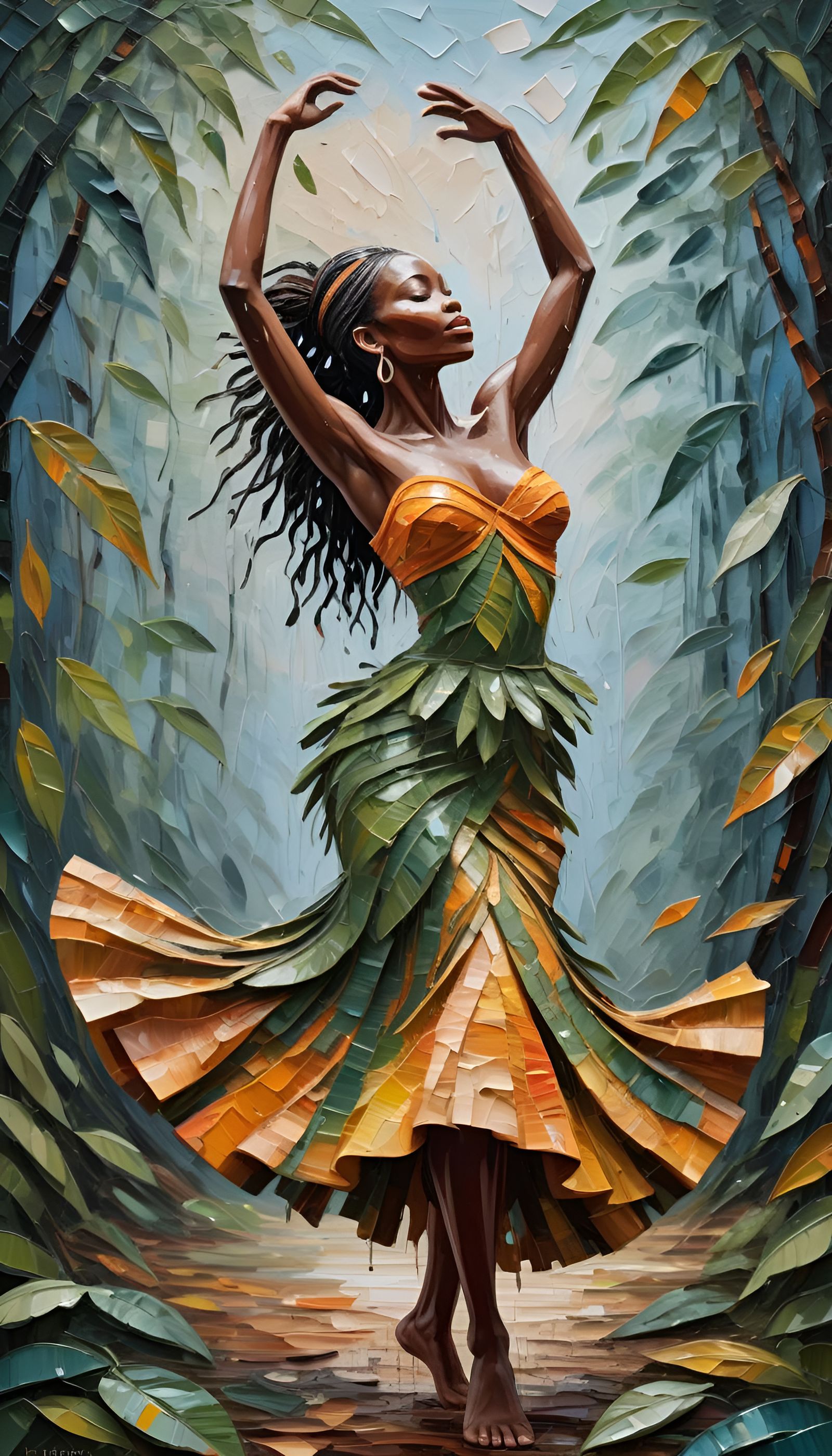 African Jungle Dancer Impasto Oil Painting