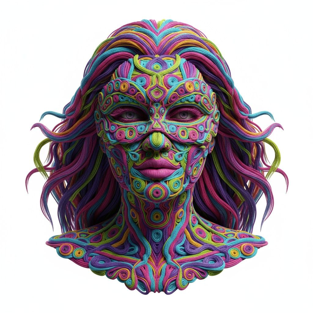 3D Render of Woman Made of Multicolored Yarn