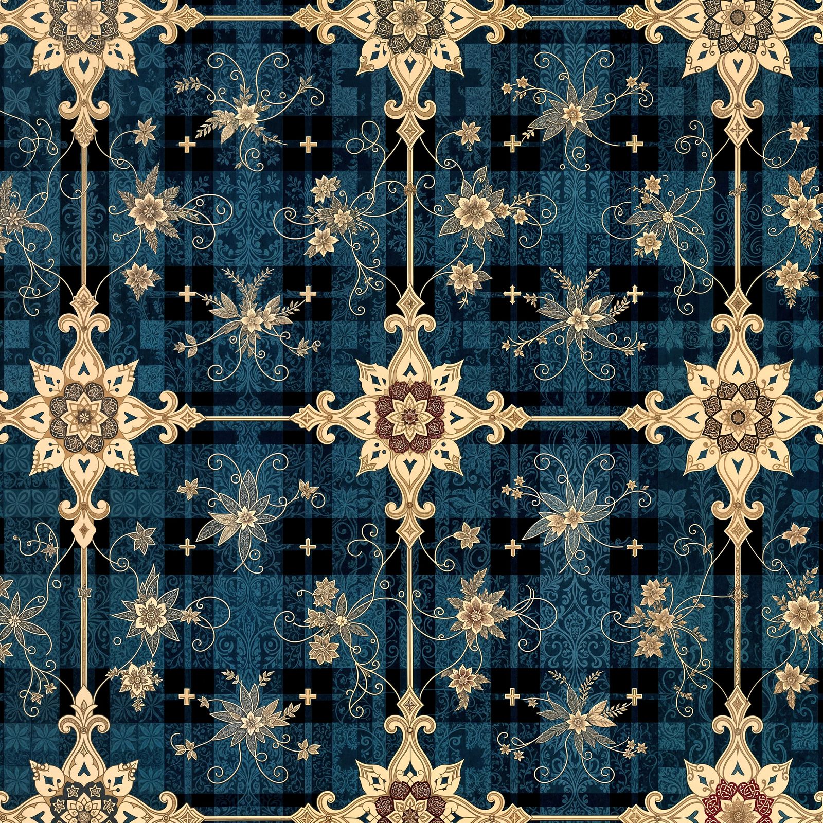 Inspiring Clergy Tartan Fabric with Celtic Crosses and Butte...