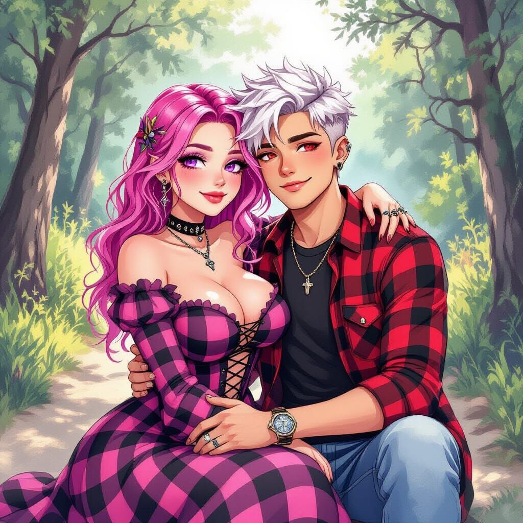 Gothic Couple Hiking Trail in Watercolor Style