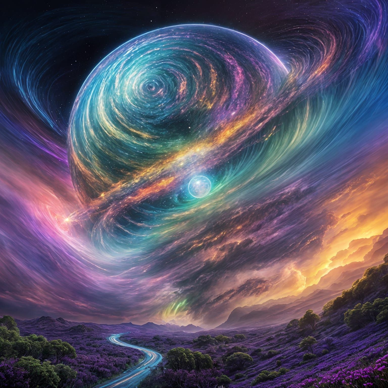 A luminous, iridescent orb pulsating with vibrant blues, pur...