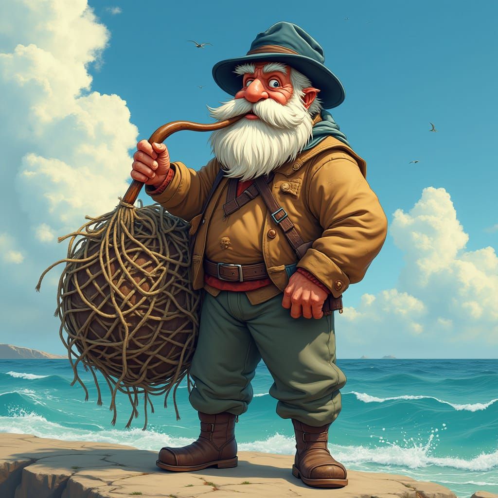 Charming Disney-Style Fisherman with Pipe and Net